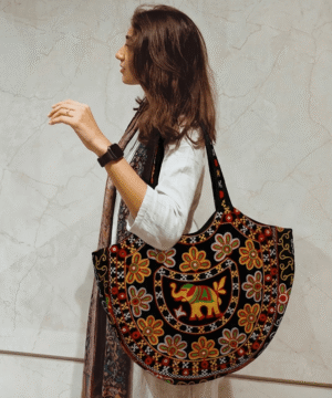 Handmade Kutch Elephant Embroidery Ethnic Tote Bag – Black Multicolor