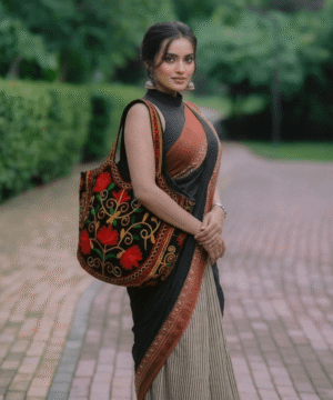 Handmade Kutch Floral Embroidery Ethnic Tote Bag – Black Red Multicolor